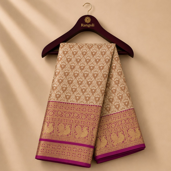 Elegant Beige Kanchi Pattu Silk Saree with Royal Magenta Peacock Zari Border