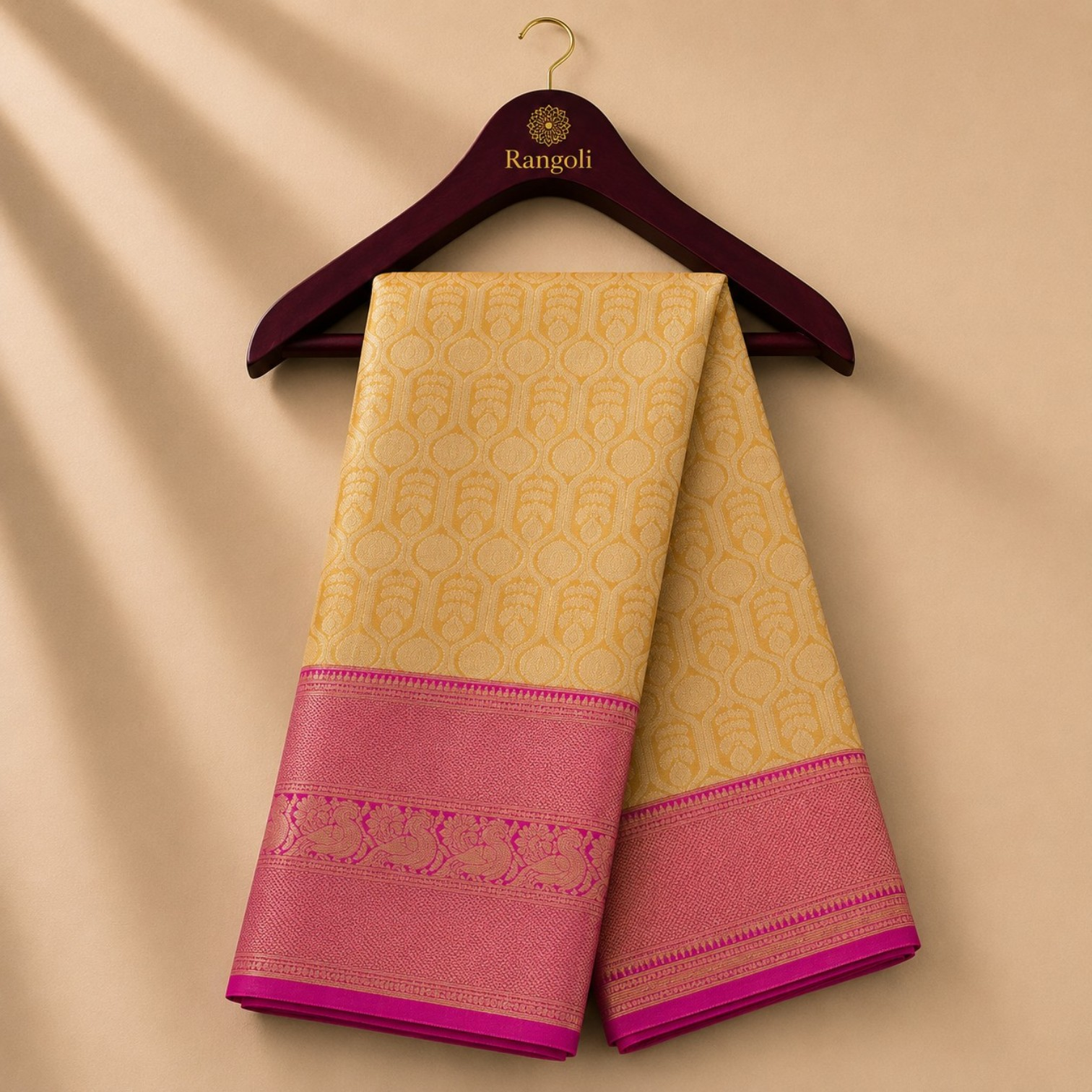 Golden Yellow Kanchi Pattu Silk Saree with Magenta Zari Peacock Border