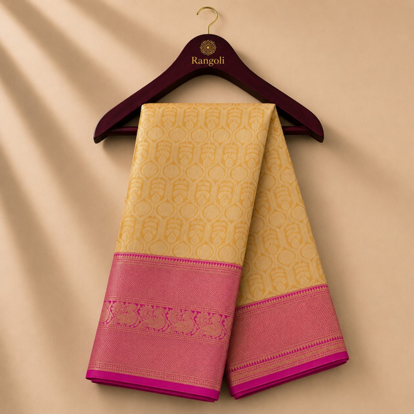 Golden Yellow Kanchi Pattu Silk Saree with Magenta Zari Peacock Border