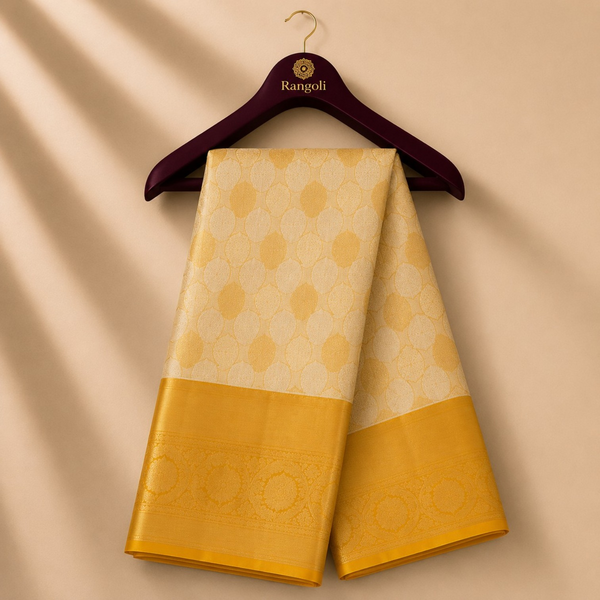 Golden Yellow Kanchi Pattu Silk Saree with Self-Woven Zari Motifs