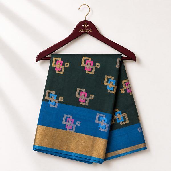 Elegant deep bottle green silk saree featuring vibrant geometric zari motifs with a striking turquoise blue and rich gold zari border for a contemporary ethnic look.