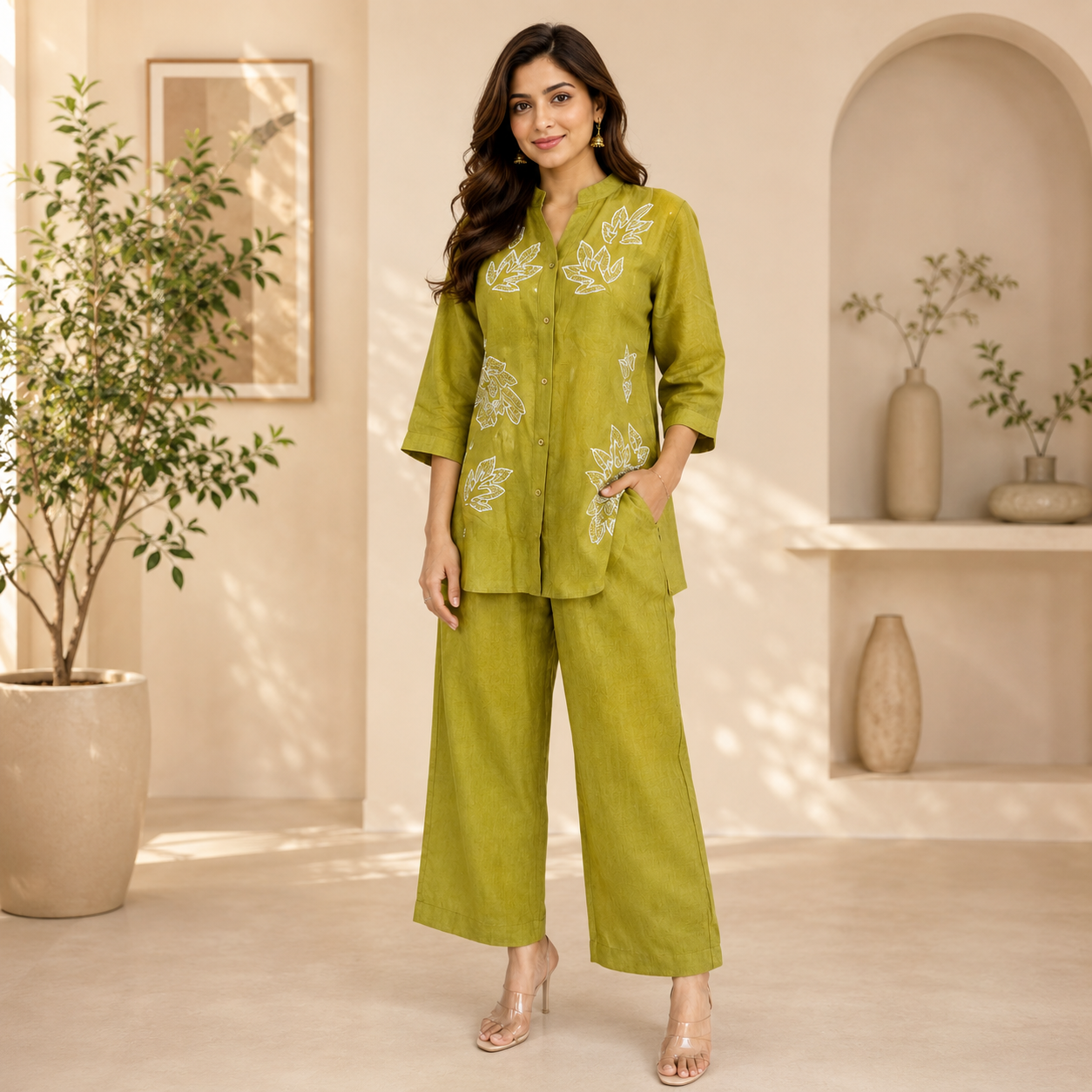 Olive Green Embroidered Cotton Linen Co-Ord Set for Women
