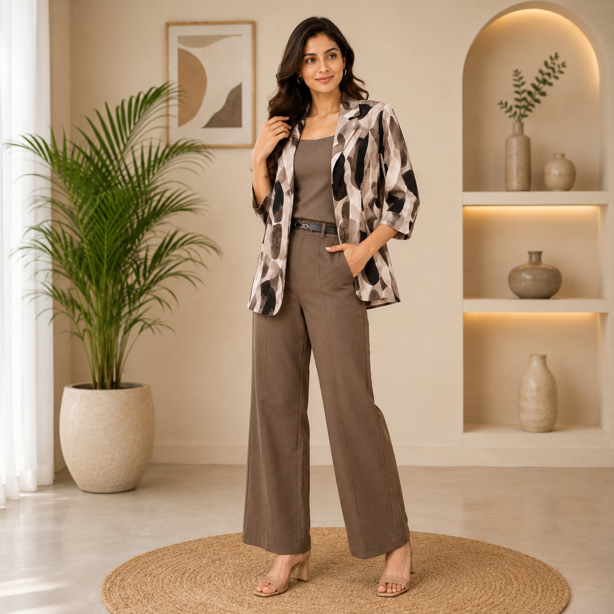 Taupe Printed Blazer Co-Ord Set for Women