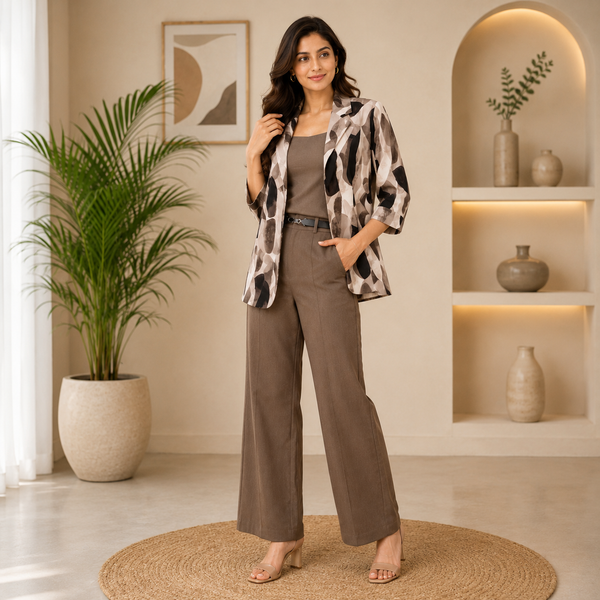 Taupe Printed Blazer Co-Ord Set for Women