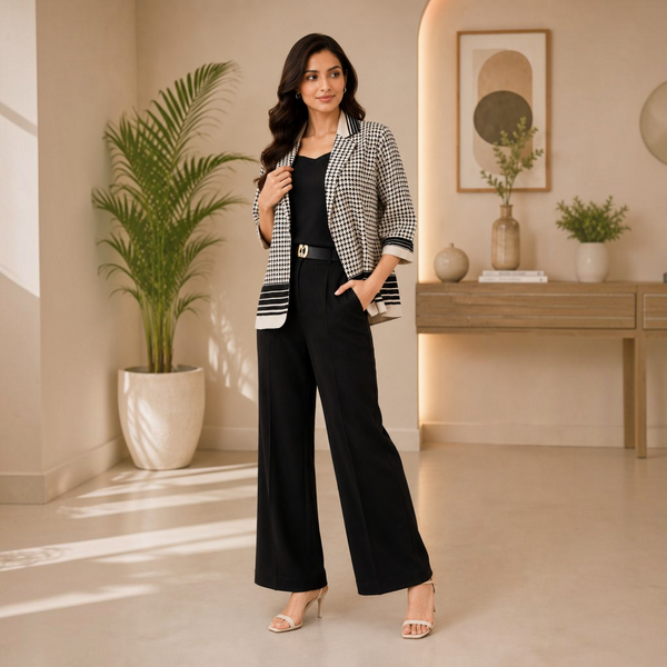 Black & White Houndstooth Printed Blazer Co-Ord Set for Women