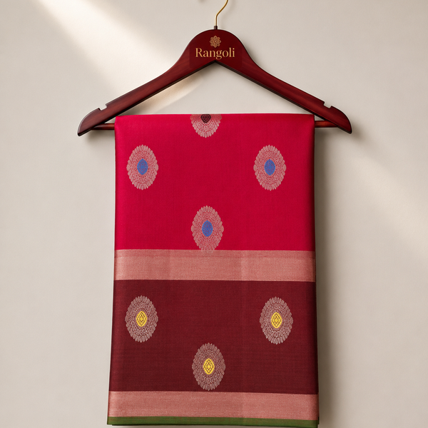Grace your festive wardrobe with this elegant silk saree, featuring intricate zari buttas and a rich contrasting zari border for a timeless traditional look.