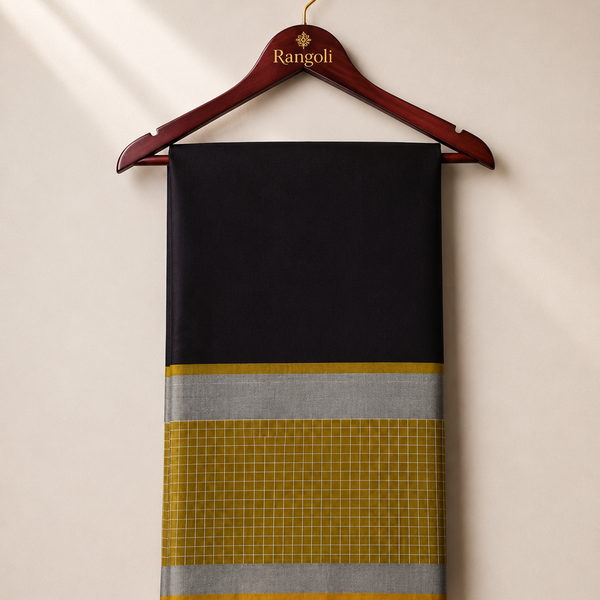 Make a sophisticated statement with this elegant black silk saree, beautifully complemented by a mustard checked border and shimmering silver zari accents.