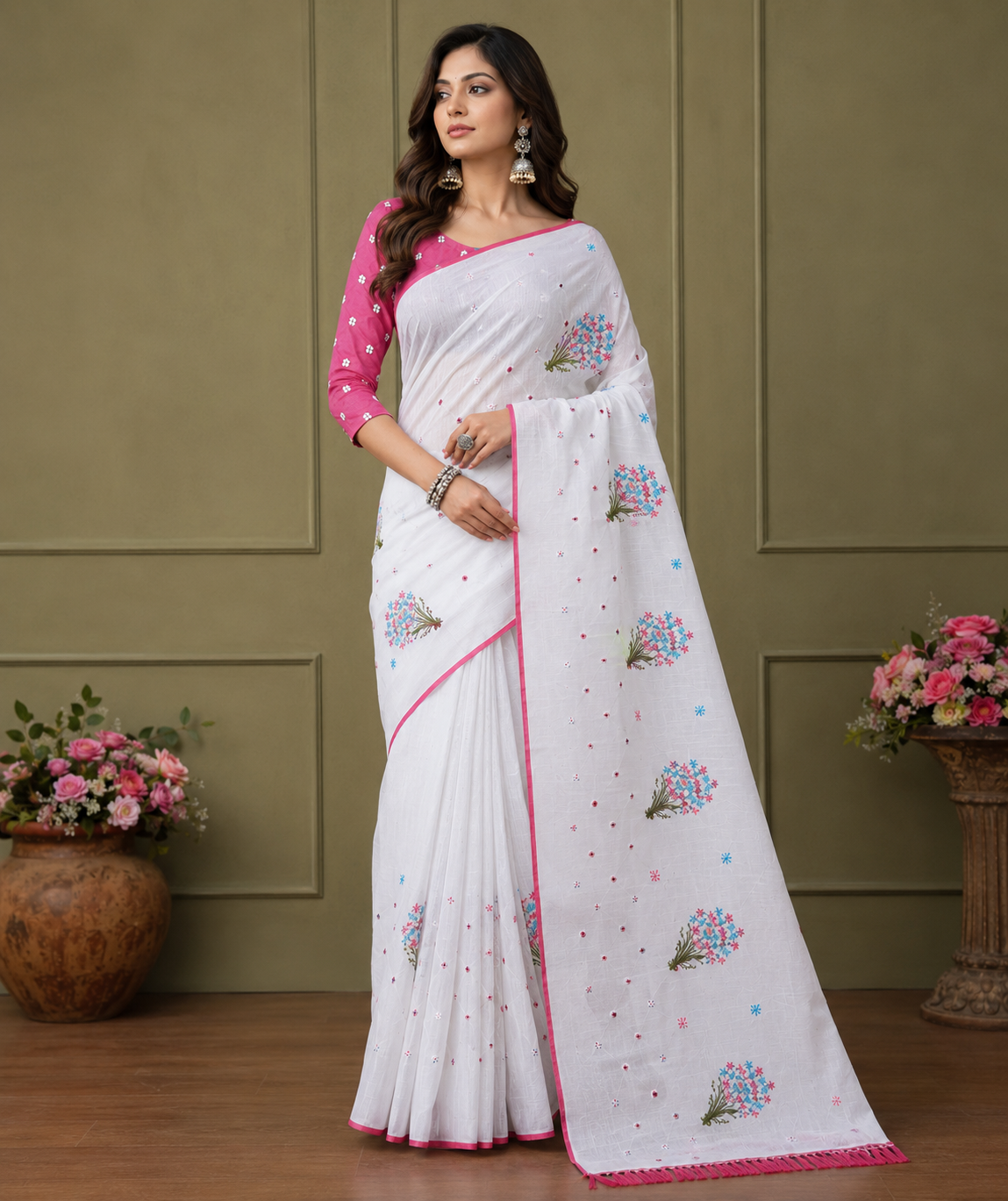 Graceful white saree adorned with delicate floral embroidery and a vibrant pink border for a fresh and elegant ethnic look.