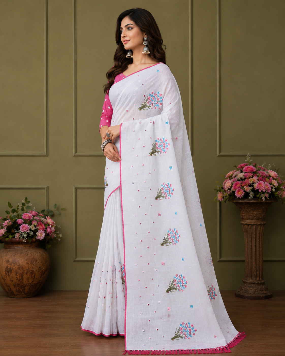 Graceful white saree adorned with delicate floral embroidery and a vibrant pink border for a fresh and elegant ethnic look.