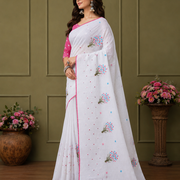 Graceful white saree adorned with delicate floral embroidery and a vibrant pink border for a fresh and elegant ethnic look.