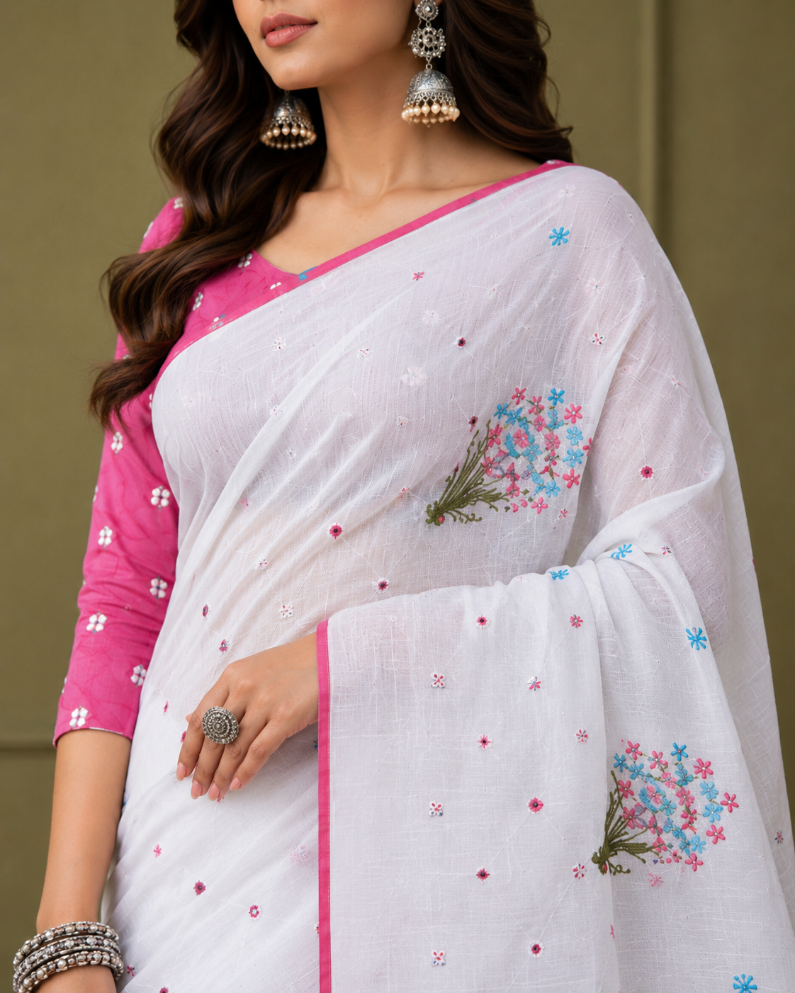 Graceful white saree adorned with delicate floral embroidery and a vibrant pink border for a fresh and elegant ethnic look.