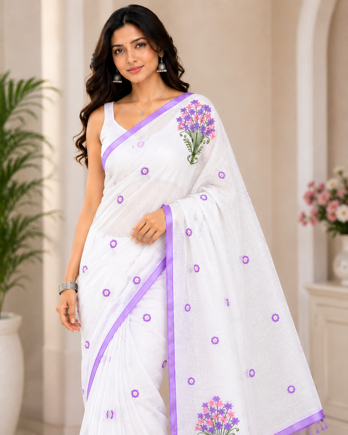 Graceful white saree featuring delicate floral embroidery and a soft lavender border for an elegant and refreshing ethnic look.