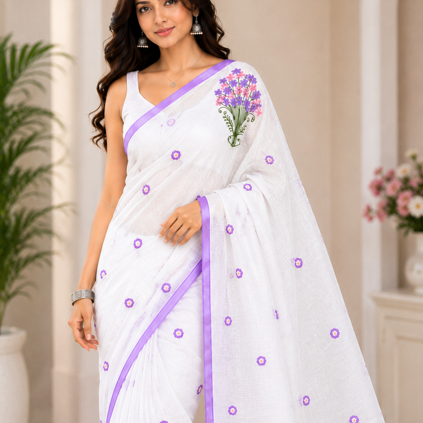 Graceful white saree featuring delicate floral embroidery and a soft lavender border for an elegant and refreshing ethnic look.