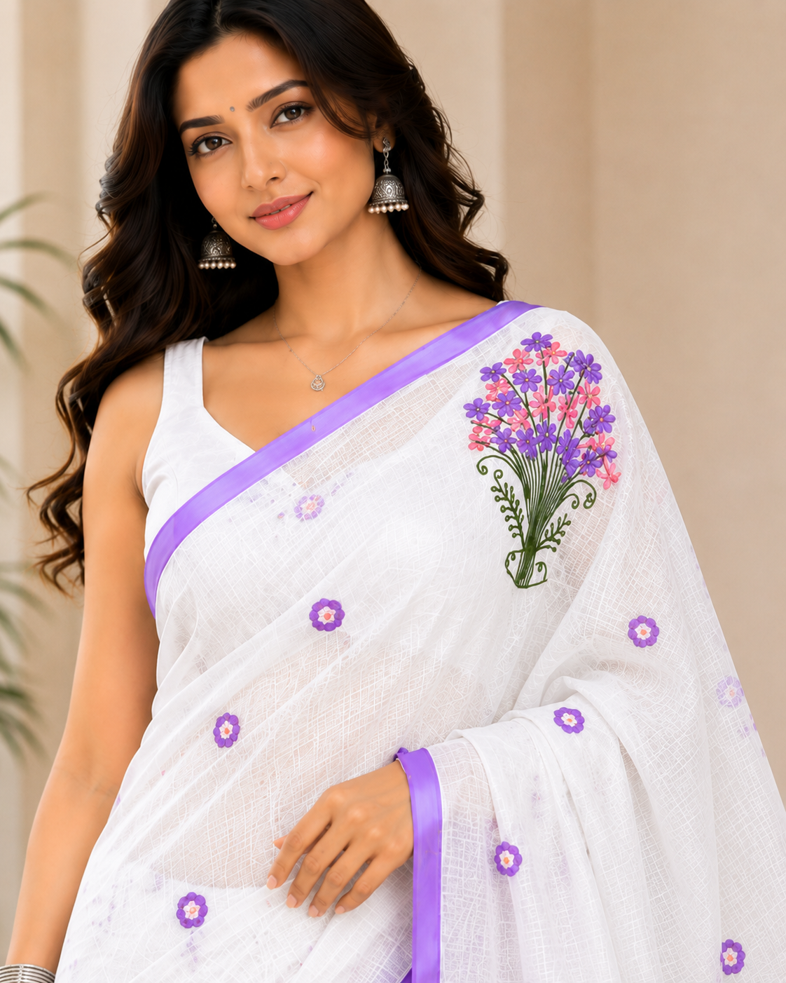Graceful white saree featuring delicate floral embroidery and a soft lavender border for an elegant and refreshing ethnic look.