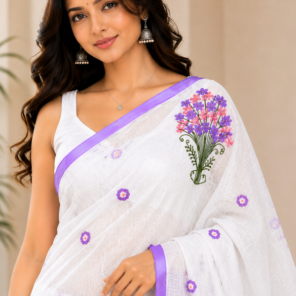 Graceful white saree featuring delicate floral embroidery and a soft lavender border for an elegant and refreshing ethnic look.