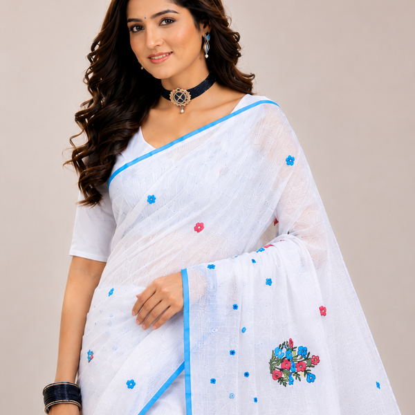 Elegant white saree featuring delicate floral embroidery and a refreshing sky-blue border for a graceful and timeless ethnic look.