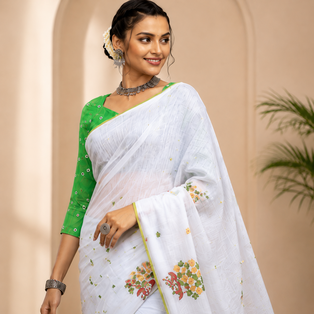 Elegant white saree featuring delicate floral embroidery with a refreshing green border for a graceful and timeless ethnic look.