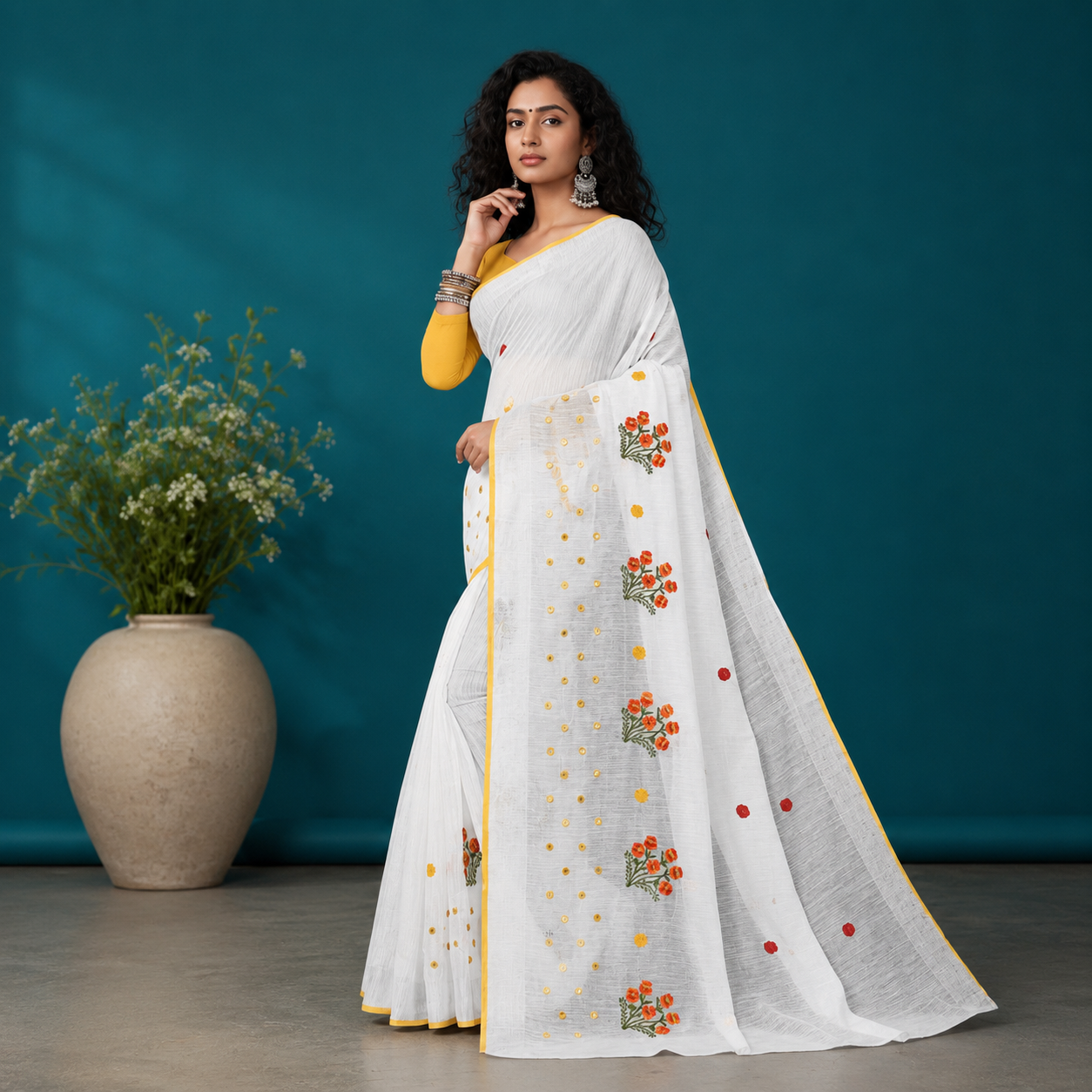 Graceful white cotton saree adorned with delicate floral embroidery and a vibrant yellow border for an effortlessly elegant ethnic look.