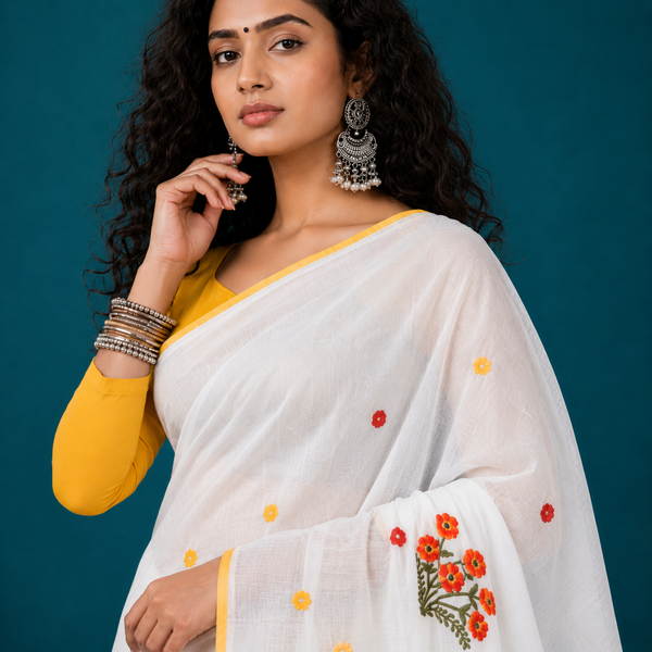 Graceful white cotton saree adorned with delicate floral embroidery and a vibrant yellow border for an effortlessly elegant ethnic look.