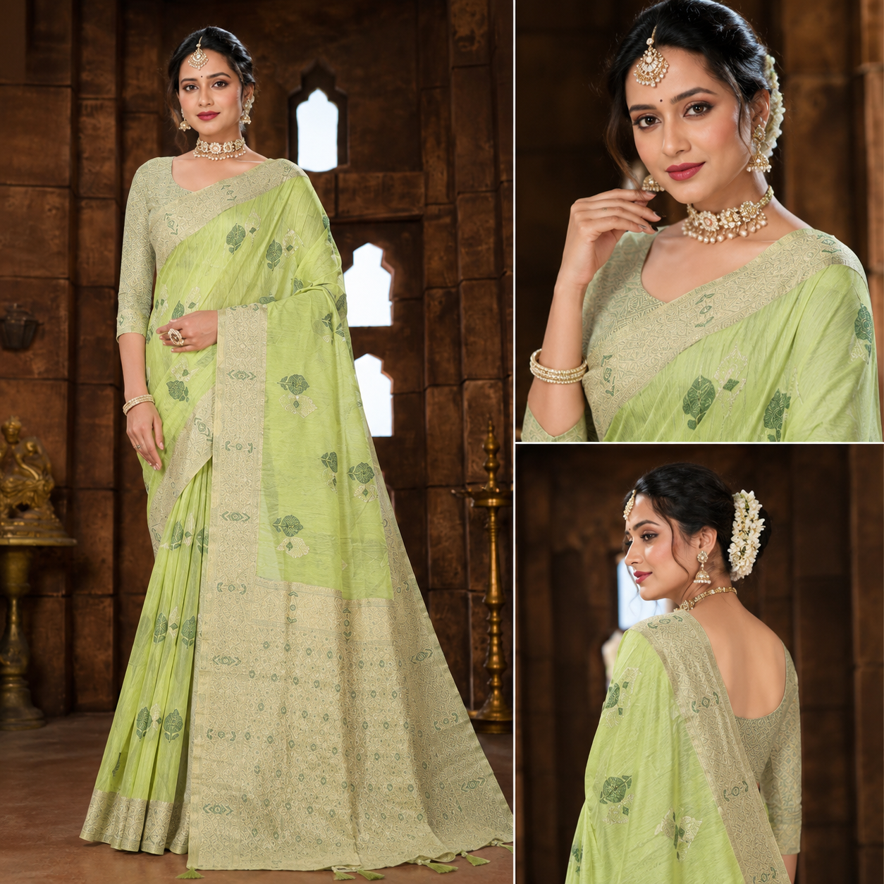Graceful pastel green woven saree featuring intricate traditional motifs and a rich zari-inspired pallu for an elegant festive look. ✨🌿