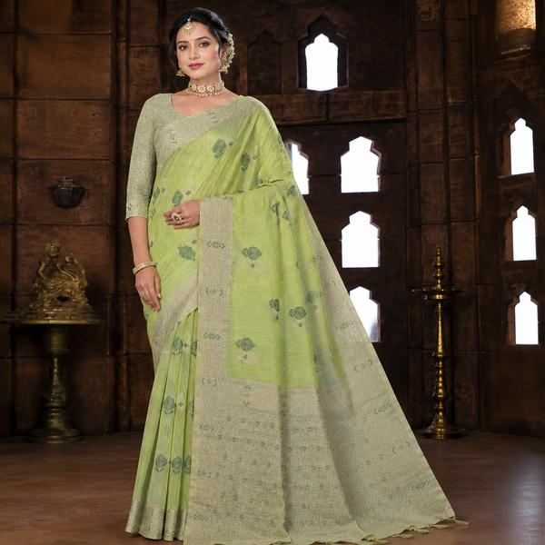 Graceful pastel green woven saree featuring intricate traditional motifs and a rich zari-inspired pallu for an elegant festive look. ✨🌿