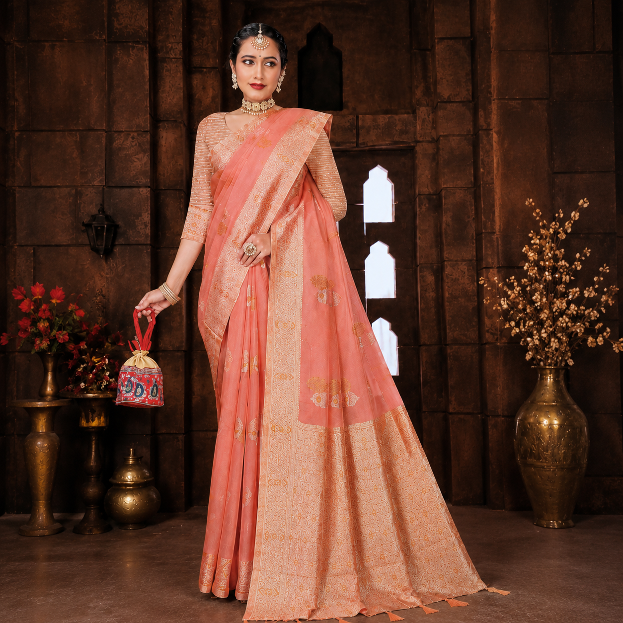 Graceful peach Banarasi-style saree featuring intricate zari weaving and a richly detailed pallu for a regal festive look. ✨🧡