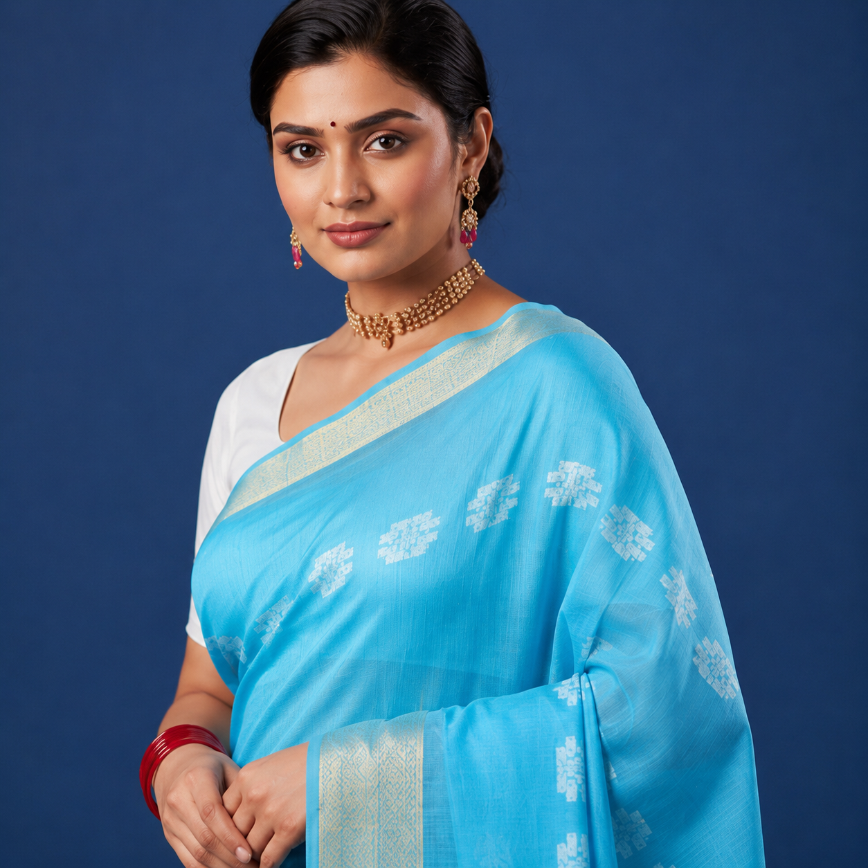 Graceful sky blue cotton saree featuring delicate woven motifs and an elegant silver-toned border for a timeless ethnic look. 💙✨