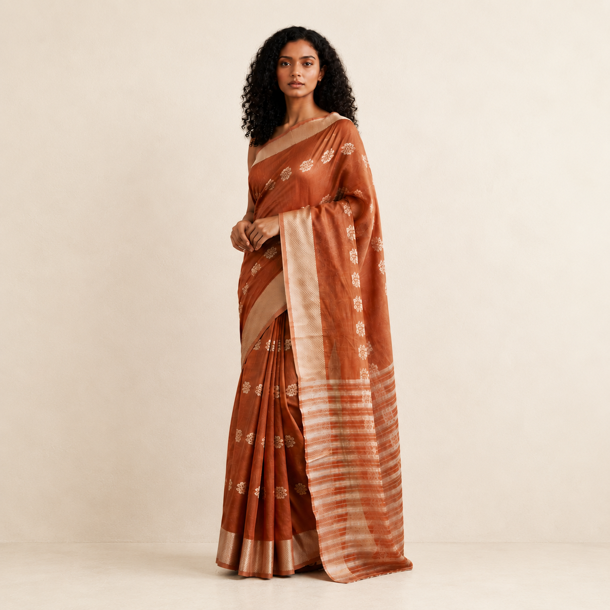 Graceful rust-orange cotton saree featuring delicate floral woven motifs and an elegant contrast border for a timeless ethnic look. 🧡✨