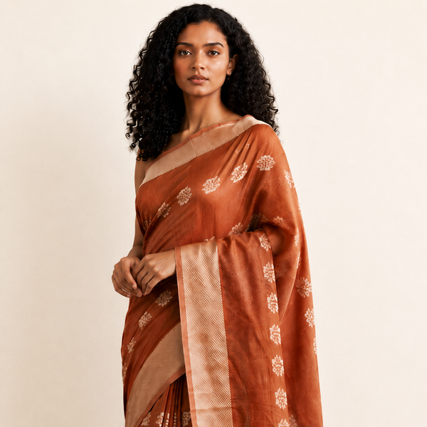 Graceful rust-orange cotton saree featuring delicate floral woven motifs and an elegant contrast border for a timeless ethnic look. 🧡✨