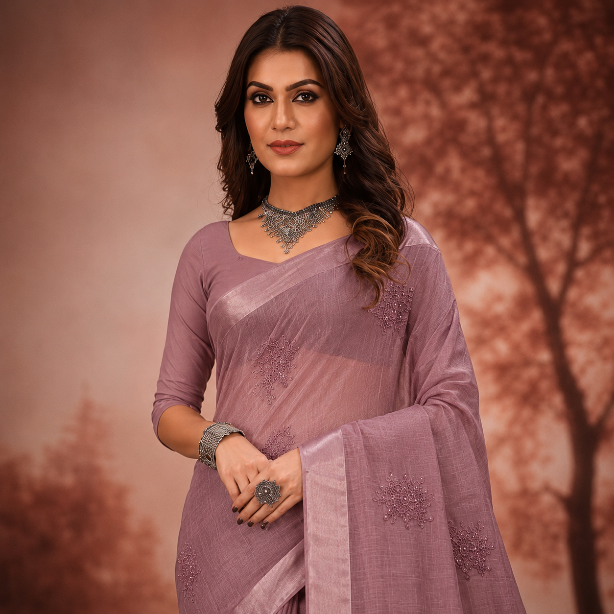 Graceful designer saree featuring delicate embroidered motifs and a refined woven texture for an effortlessly sophisticated look.