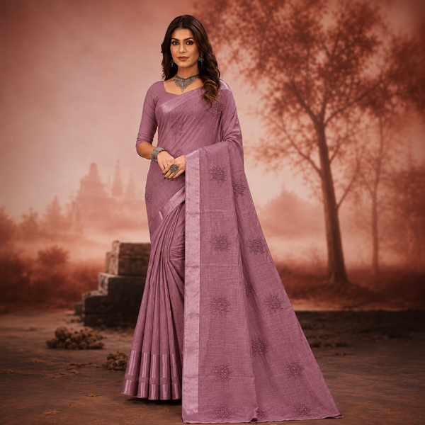 Graceful designer saree featuring delicate embroidered motifs and a refined woven texture for an effortlessly sophisticated look.
