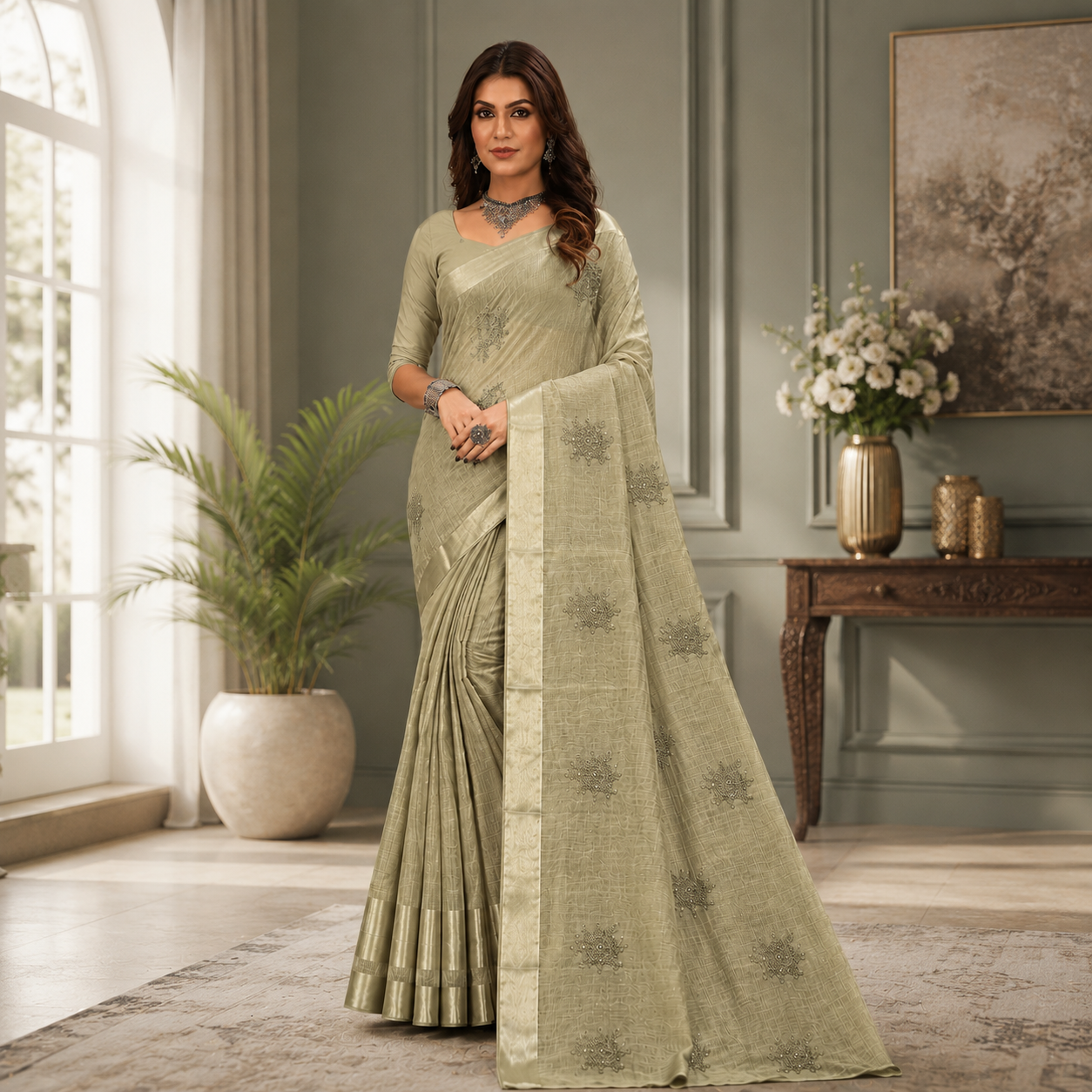 Graceful designer saree featuring delicate embroidered motifs and a refined woven texture for an effortlessly sophisticated look.