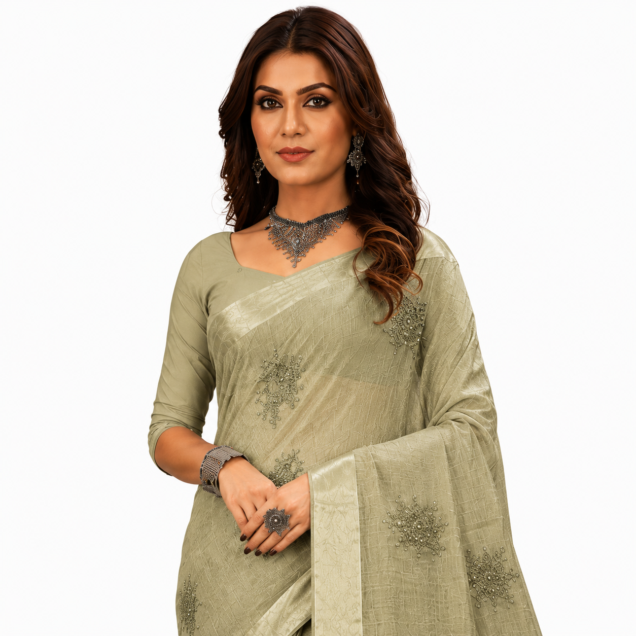 Graceful designer saree featuring delicate embroidered motifs and a refined woven texture for an effortlessly sophisticated look.