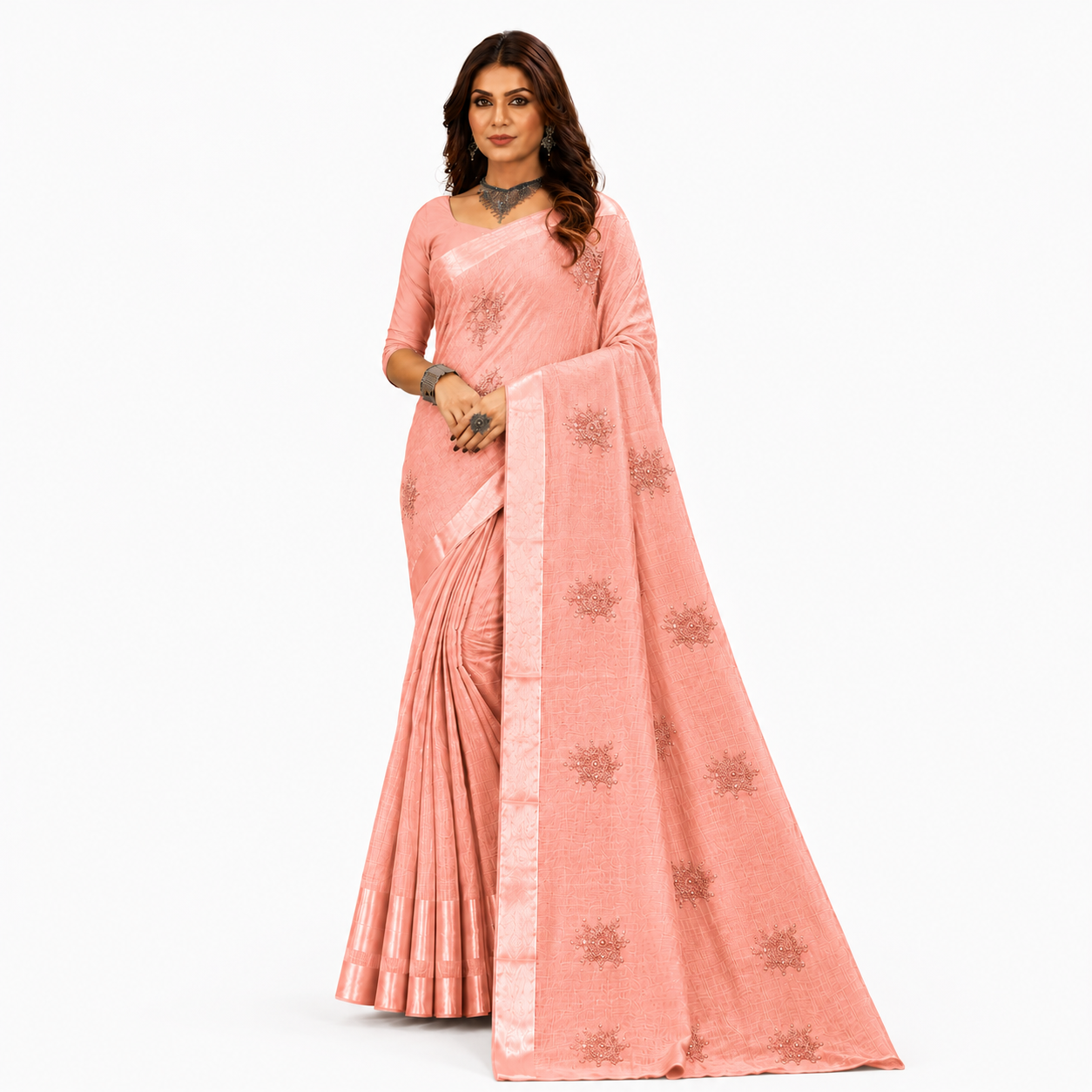 Graceful designer saree featuring delicate embroidered motifs and a refined woven texture for an effortlessly sophisticated look.
