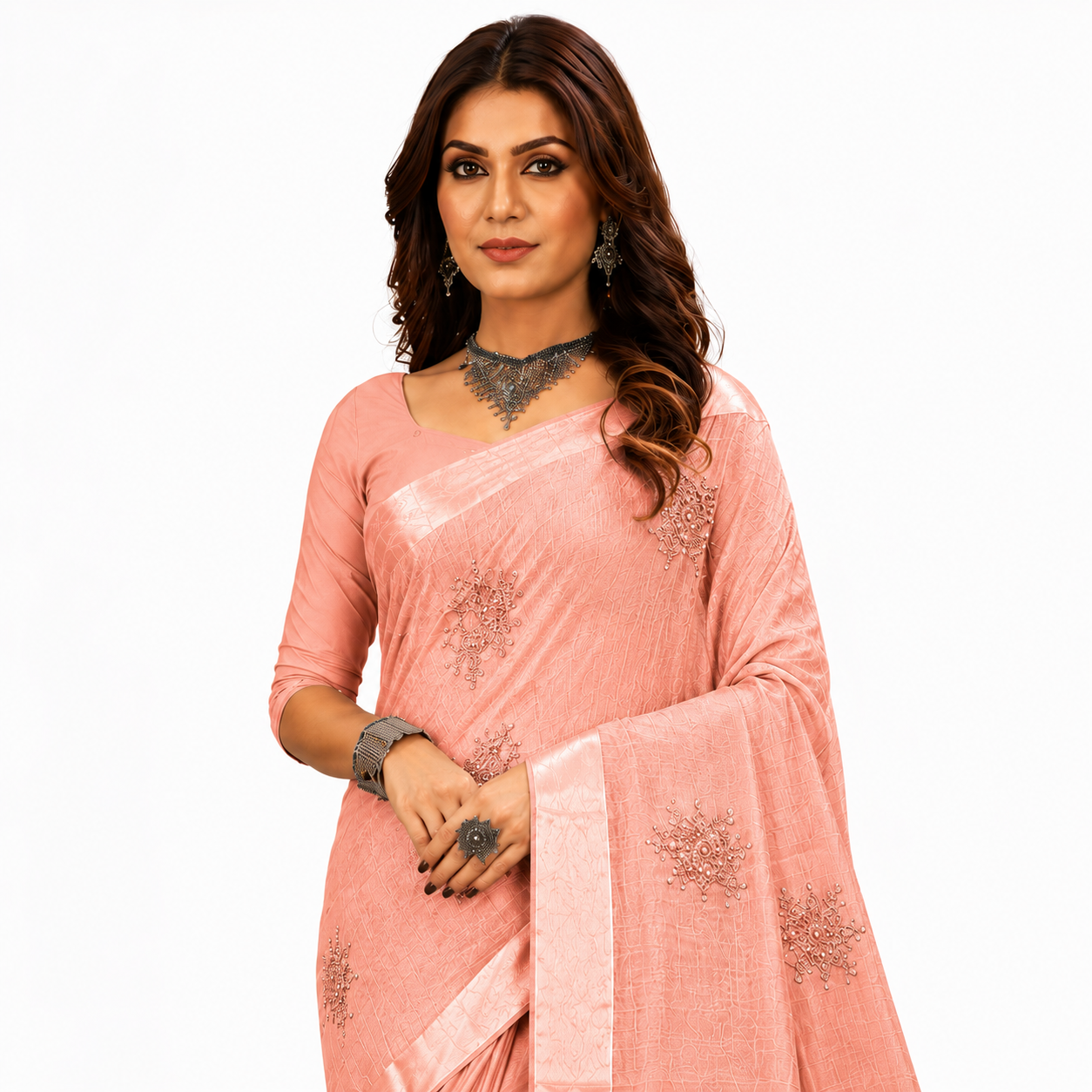 Graceful designer saree featuring delicate embroidered motifs and a refined woven texture for an effortlessly sophisticated look.
