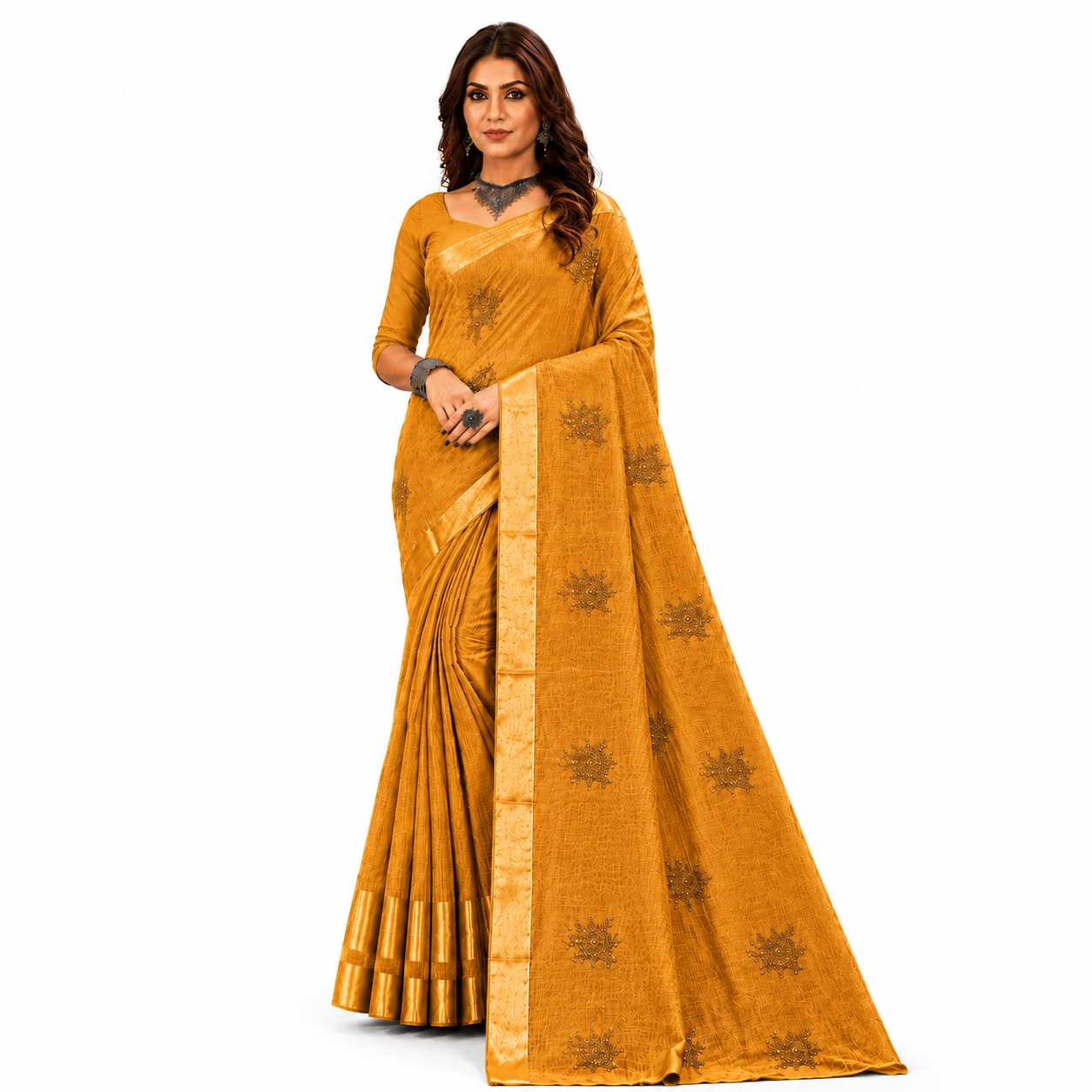 Graceful designer saree featuring delicate embroidered motifs and a refined woven texture for an effortlessly sophisticated look.