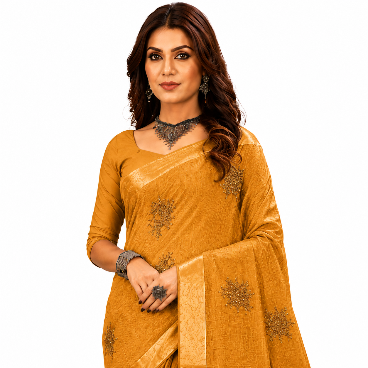 Graceful designer saree featuring delicate embroidered motifs and a refined woven texture for an effortlessly sophisticated look.