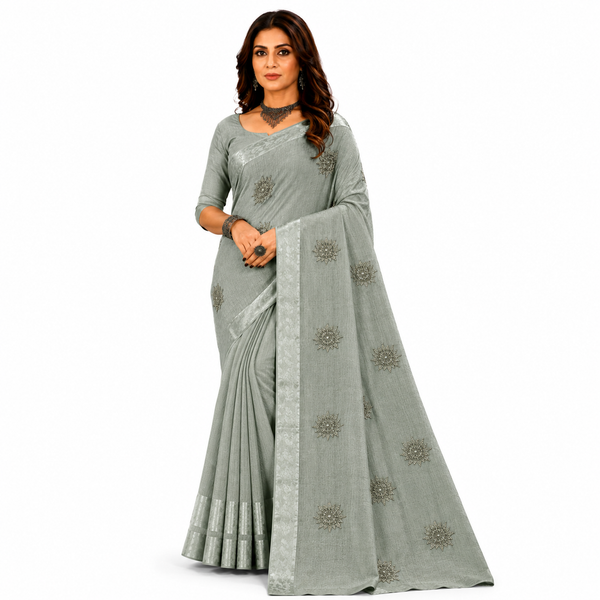 Graceful designer saree featuring delicate embroidered motifs and a refined woven texture for an effortlessly sophisticated look.