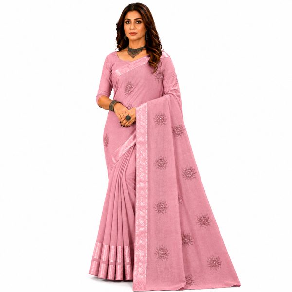 Graceful designer saree featuring delicate embroidered motifs and a refined woven texture for an effortlessly sophisticated look.