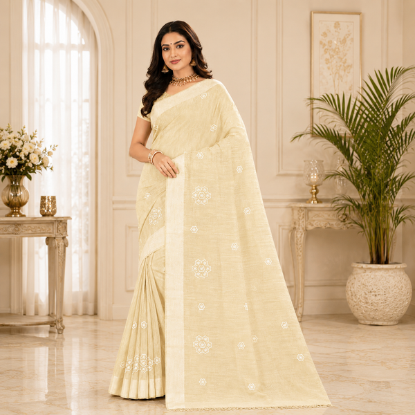 Graceful embroidered saree featuring delicate floral motifs and refined woven textures for a timeless ethnic look.