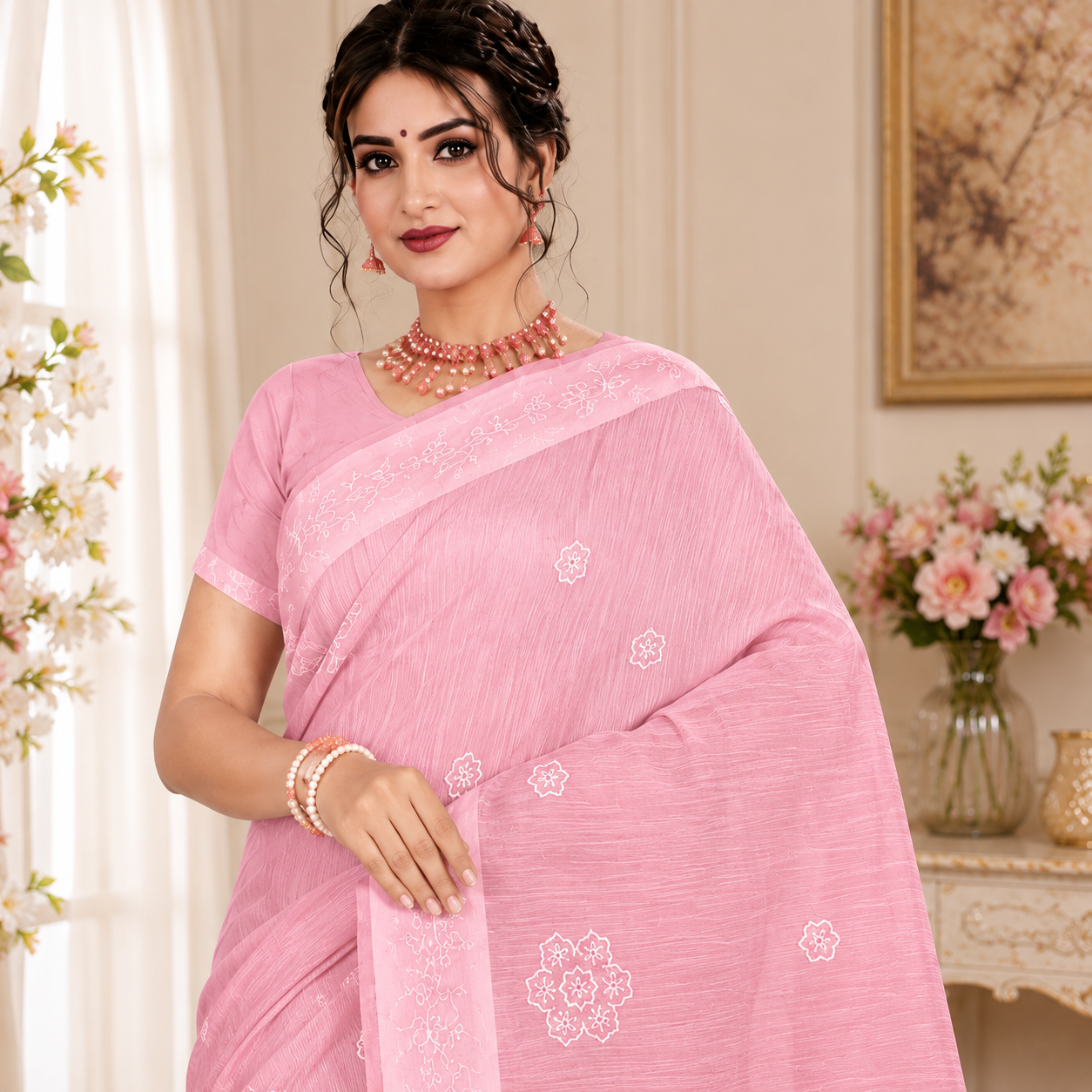 Graceful embroidered saree featuring delicate floral motifs and refined woven textures for a timeless ethnic look.