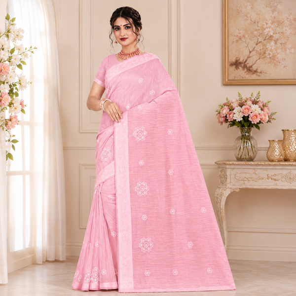 Graceful embroidered saree featuring delicate floral motifs and refined woven textures for a timeless ethnic look.