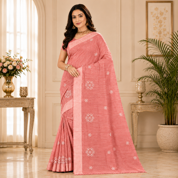 Graceful embroidered saree featuring delicate floral motifs and refined woven textures for a timeless ethnic look.