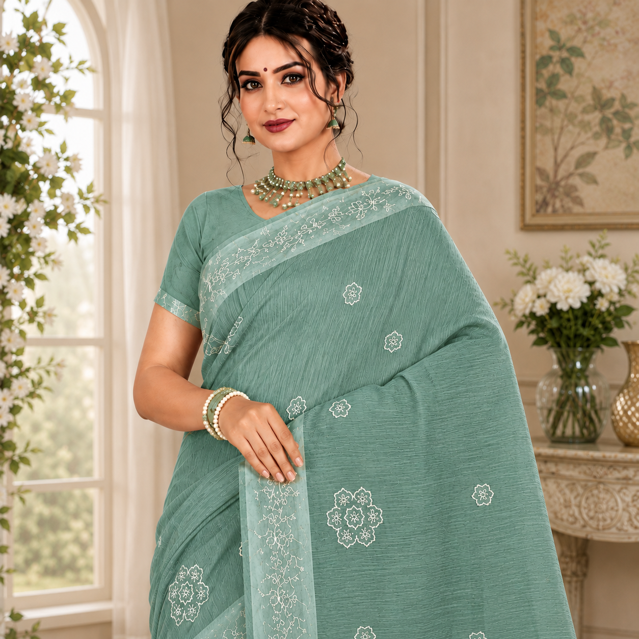 Graceful embroidered saree featuring delicate floral motifs and refined woven textures for a timeless ethnic look.