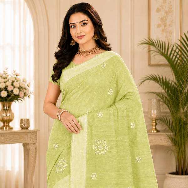 Graceful embroidered saree featuring delicate floral motifs and refined woven textures for a timeless ethnic look.