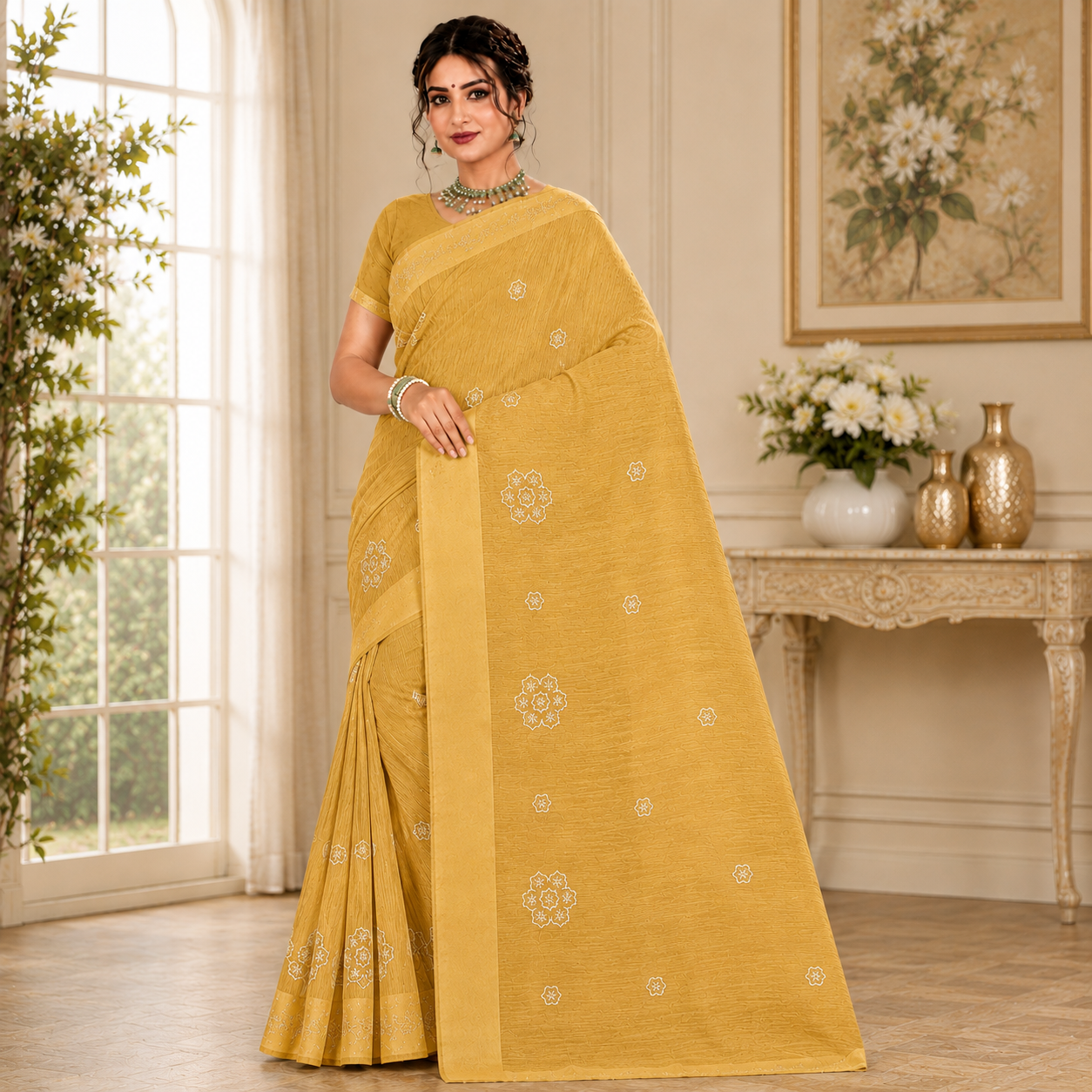 Graceful embroidered saree featuring delicate floral motifs and refined woven textures for a timeless ethnic look.