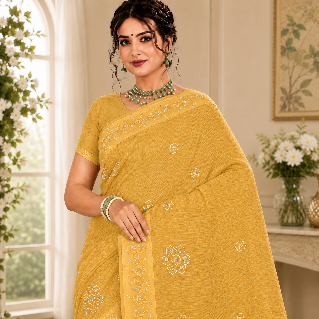 Graceful embroidered saree featuring delicate floral motifs and refined woven textures for a timeless ethnic look.