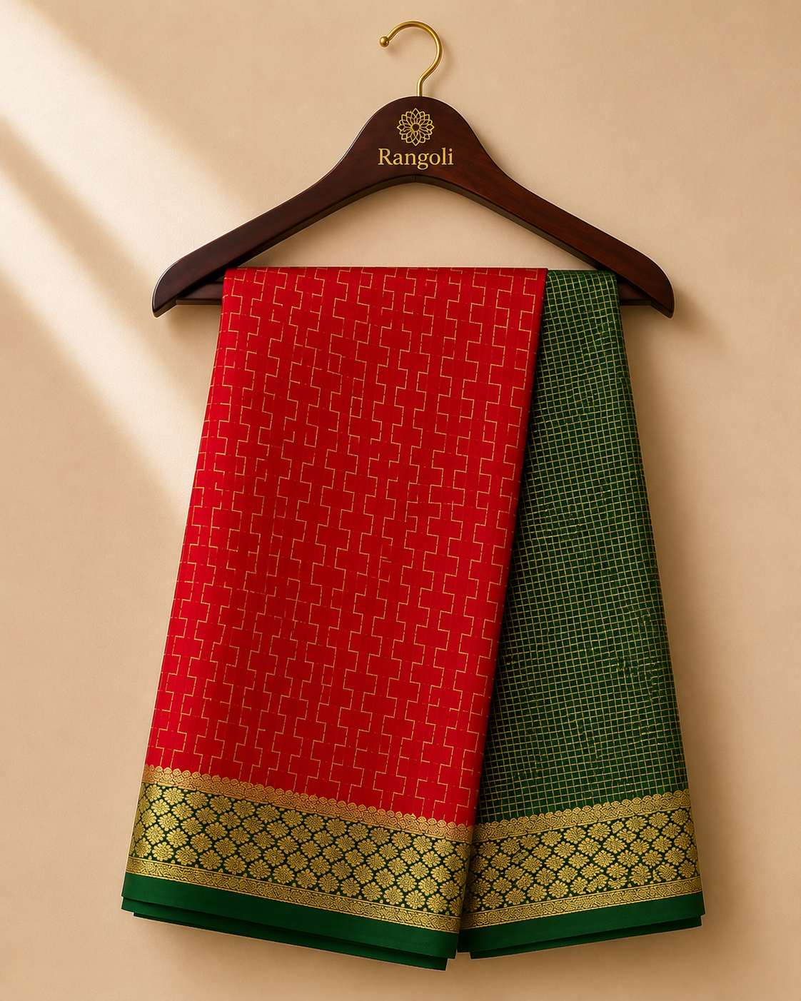 Red and green Mysore Silk saree featuring geometric gold zari weaving with an elegant floral zari border.