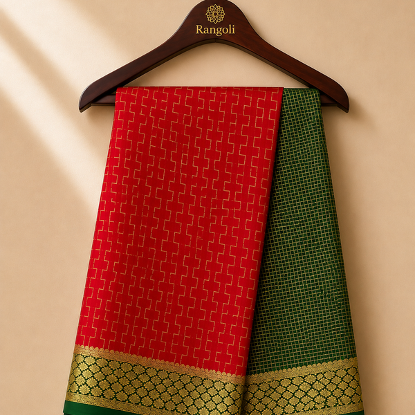 Red and green Mysore Silk saree featuring geometric gold zari weaving with an elegant floral zari border.