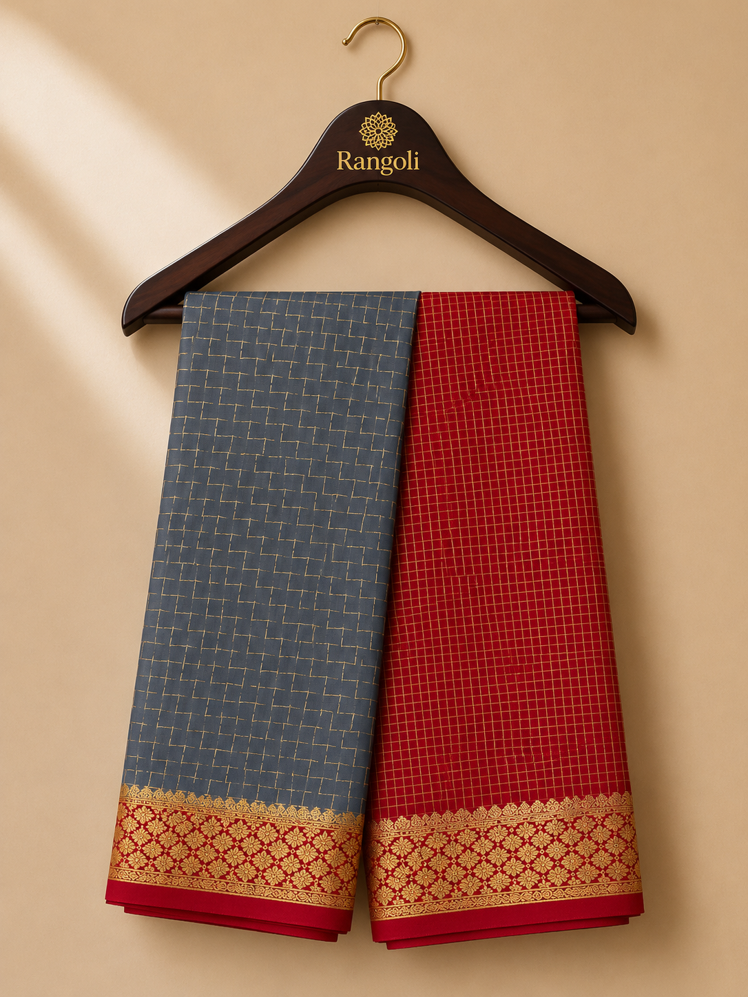 Steel grey and crimson red Mysore Silk saree featuring geometric zari weaving with an elegant floral zari border.